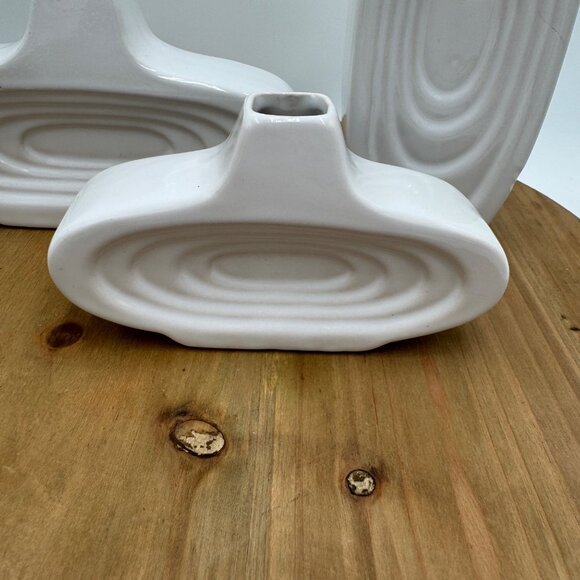 3 Vintage MCM Art Deco Oval Repeating Ring Bud Vases Marked Bottom White *READ* - Picture 2 of 16